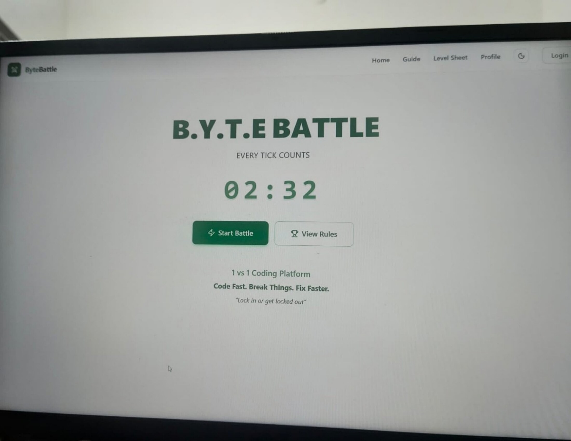 BYTE BATTLE homepage showing countdown timer and start battle button