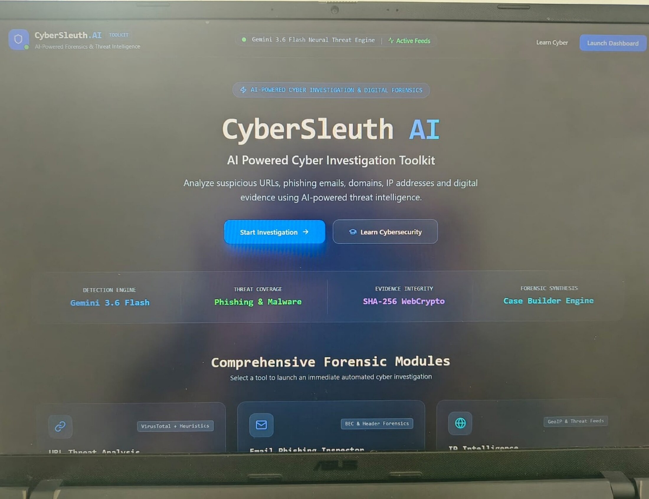 CyberSleuth AI landing page showing forensic modules for URL, email and IP analysis