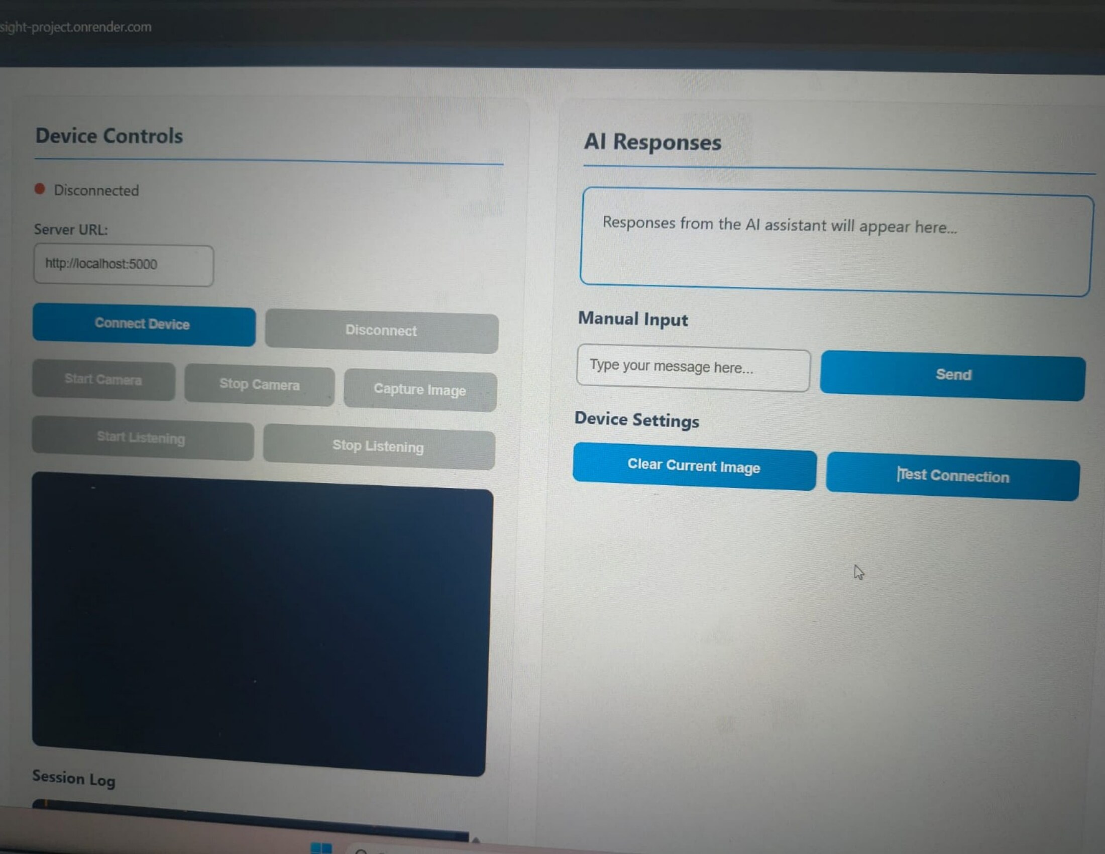 PISIGHT device control dashboard showing camera feed, AI response panel and manual input